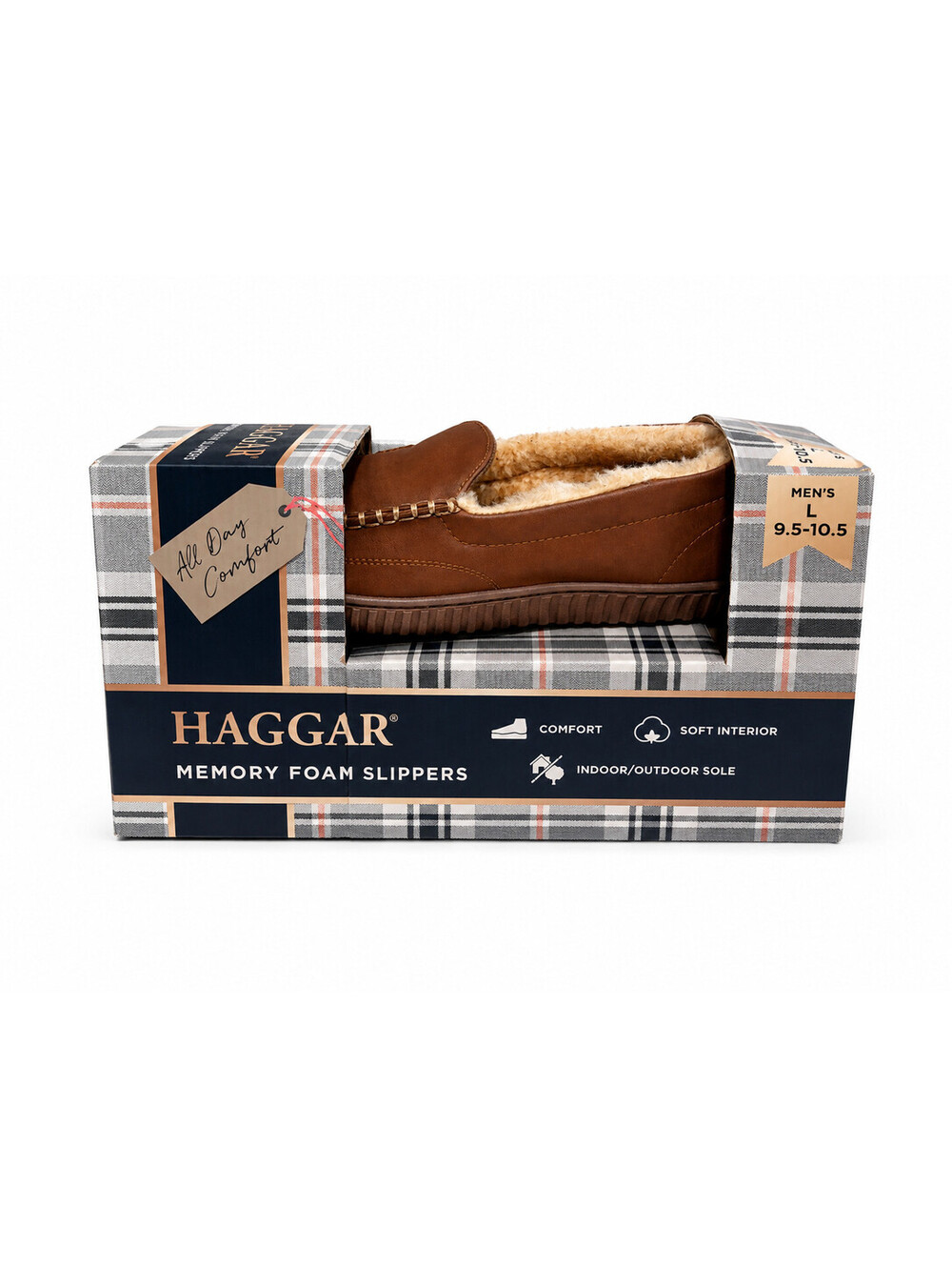 Haggar Men's Indoor/Outdoor Fleece-Lined Tan Slippers Memory Foam Size 9.5-10.5